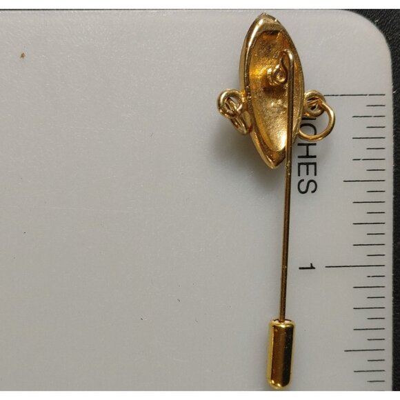 Art Deco Tribal Face Mask Label Stick Pin Gold Tone Unique Dangle Design 2 Inch - Picture 2 of 10